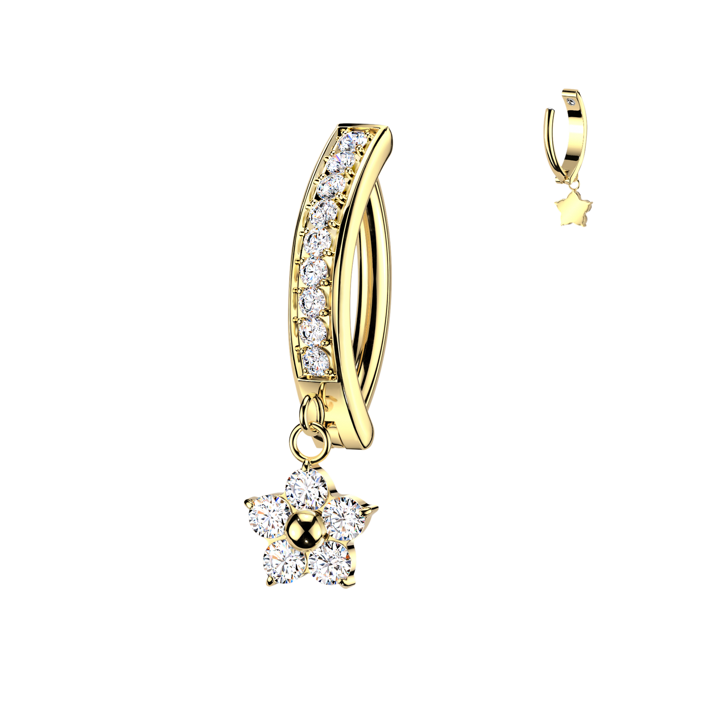 TITANIUM GOLD  CRYSTAL FLOWER  CHARM DANGLY BELLY CLICKER HOOP - 14 GAUGE - 10MM