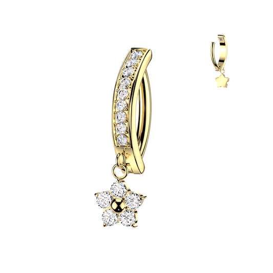 TITANIUM GOLD  CRYSTAL FLOWER  CHARM DANGLY BELLY CLICKER HOOP - 14 GAUGE - 10MM