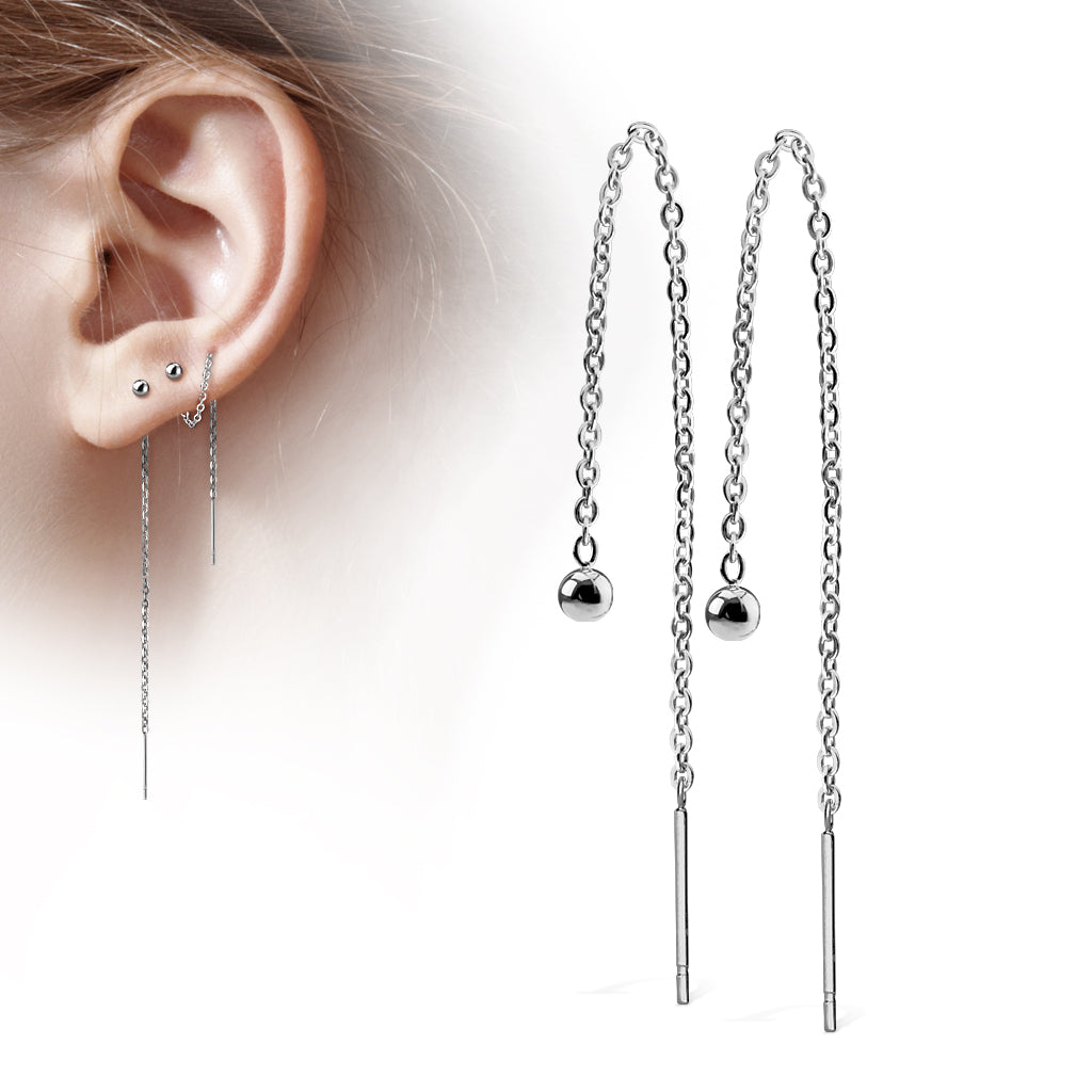 GOLD MINI BALL THREADER FREE FALLING CHAIN PULL THROUGH EARRINGS