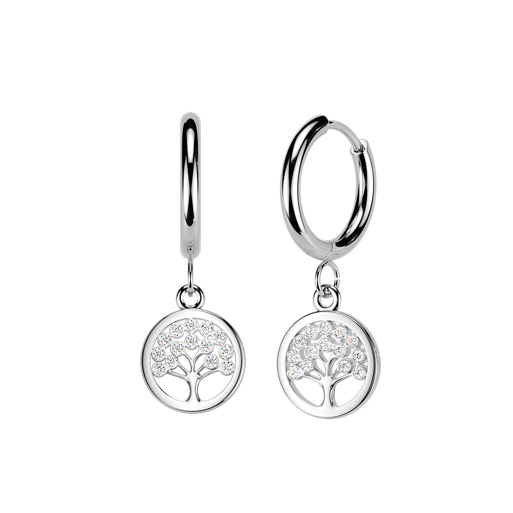 SILVER TREE OF LIFE CRYSTAL CHARM HOOP EARRINGS - 20 GAUGE - 10MM