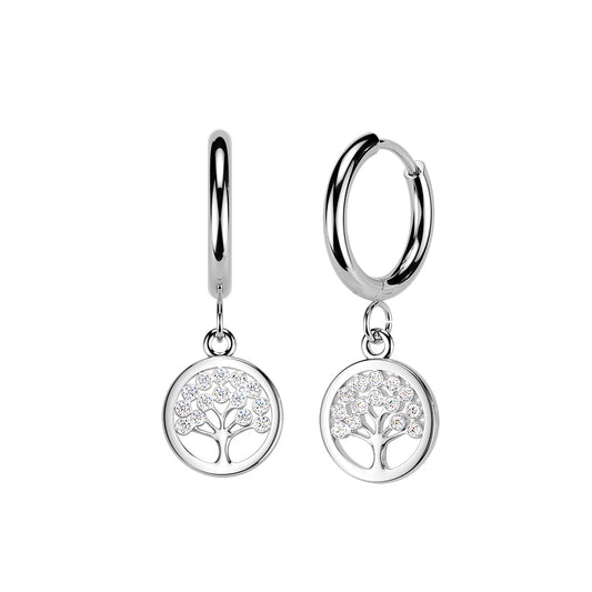 SILVER TREE OF LIFE CRYSTAL CHARM HOOP EARRINGS - 20 GAUGE - 10MM