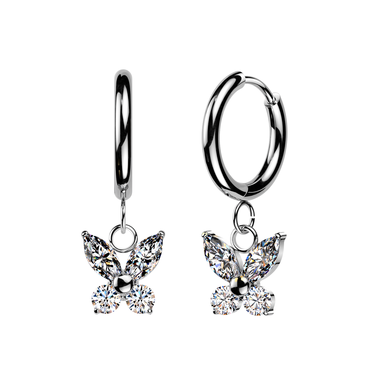 SILVER CRYSTAL BUTTERFLY HUGGIE HOOP EARRINGS