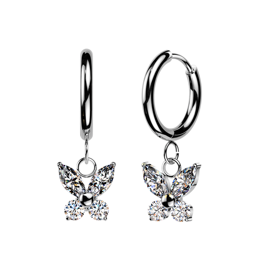 SILVER CRYSTAL BUTTERFLY HUGGIE HOOP EARRINGS