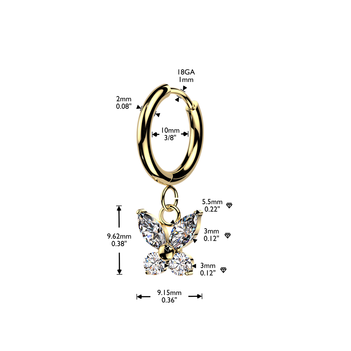 GOLD CRYSTAL BUTTERFLY HUGGIE HOOP EARRINGS