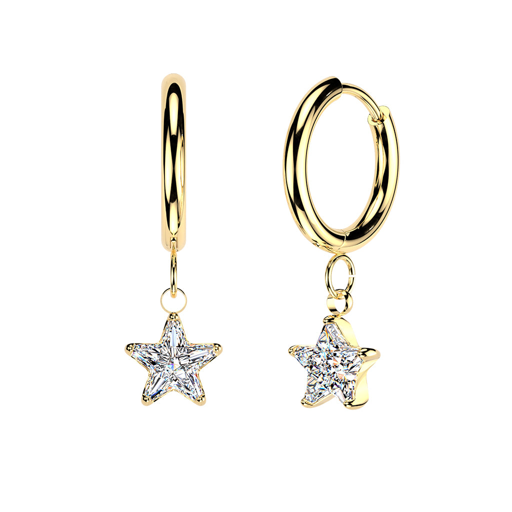 GOLD CRYSTAL DANGLY STAR CHARM HUGGIE HOOPS - 10MM - 18 GAUGE