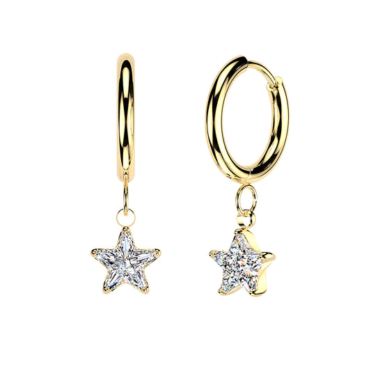 GOLD CRYSTAL DANGLY STAR CHARM HUGGIE HOOPS - 10MM - 18 GAUGE
