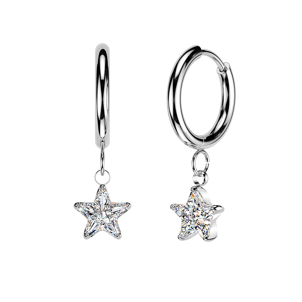 SILVER CRYSTAL STAR CHARM HUGGIE HOOPS - 10MM - 18 GAUGE