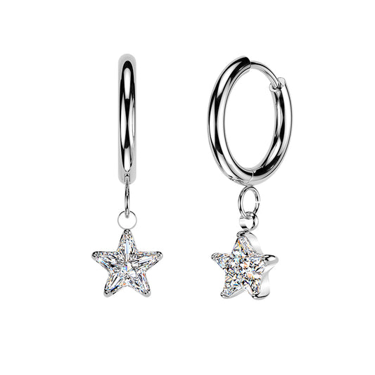 SILVER CRYSTAL STAR CHARM HUGGIE HOOPS - 10MM - 18 GAUGE