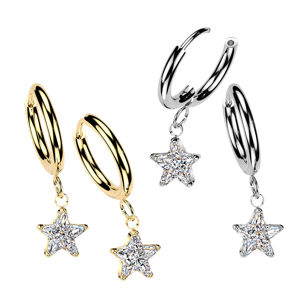 SILVER CRYSTAL STAR CHARM HUGGIE HOOPS - 10MM - 18 GAUGE