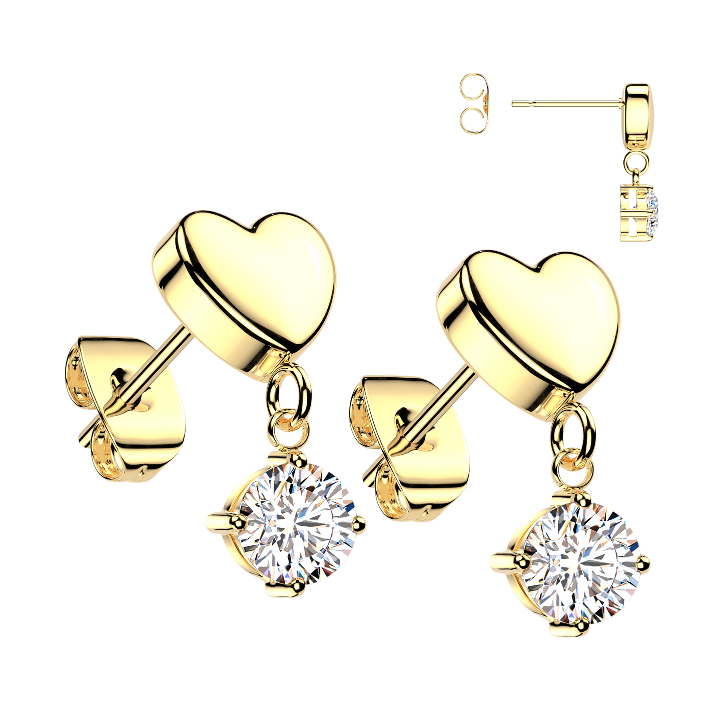GOLD LOVE HEART CRYSTAL CHARM STUD EARRINGS