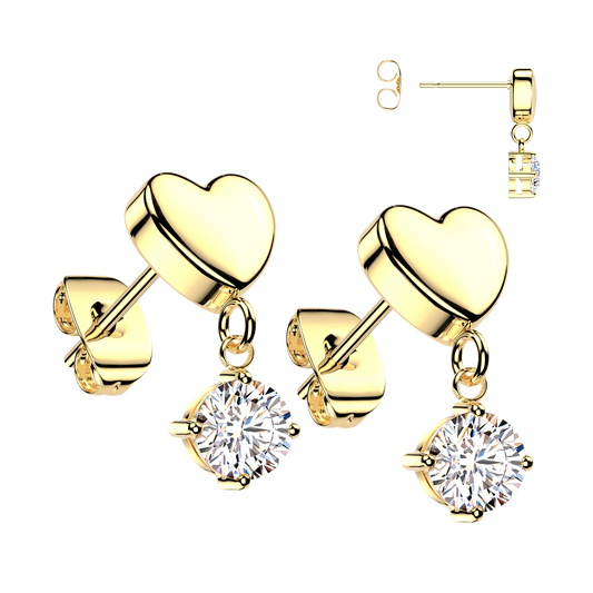 GOLD LOVE HEART CRYSTAL CHARM STUD EARRINGS