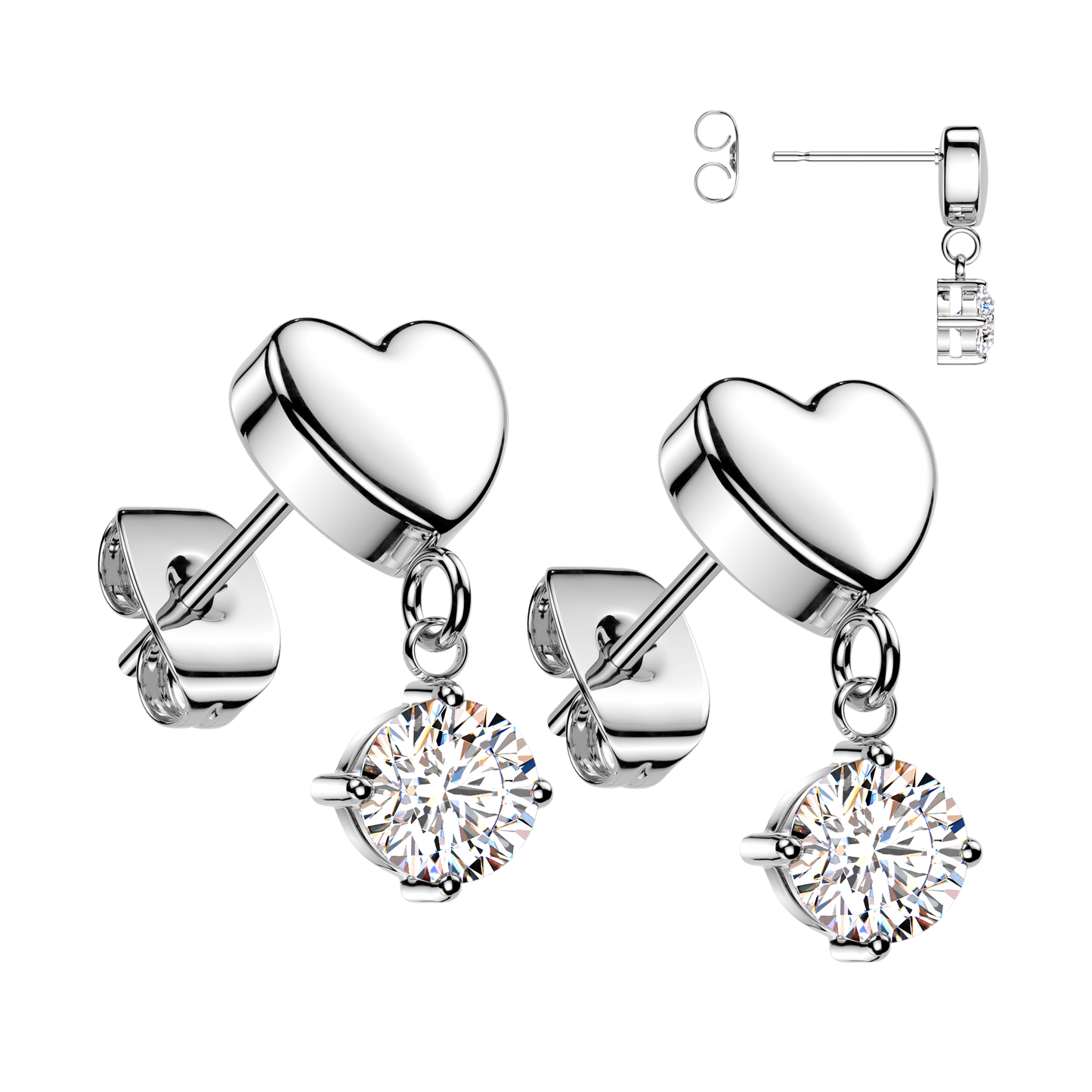 SILVER LOVE HEART CRYSTAL CHARM STUD EARRINGS