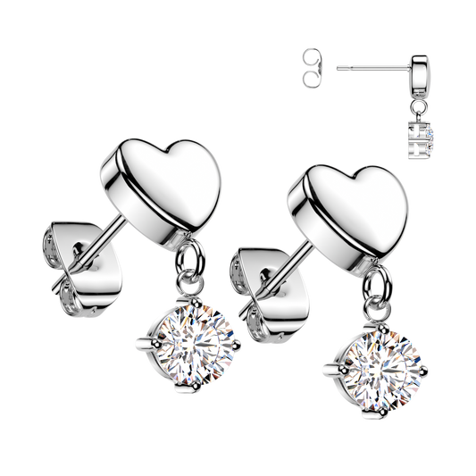 SILVER LOVE HEART CRYSTAL CHARM STUD EARRINGS