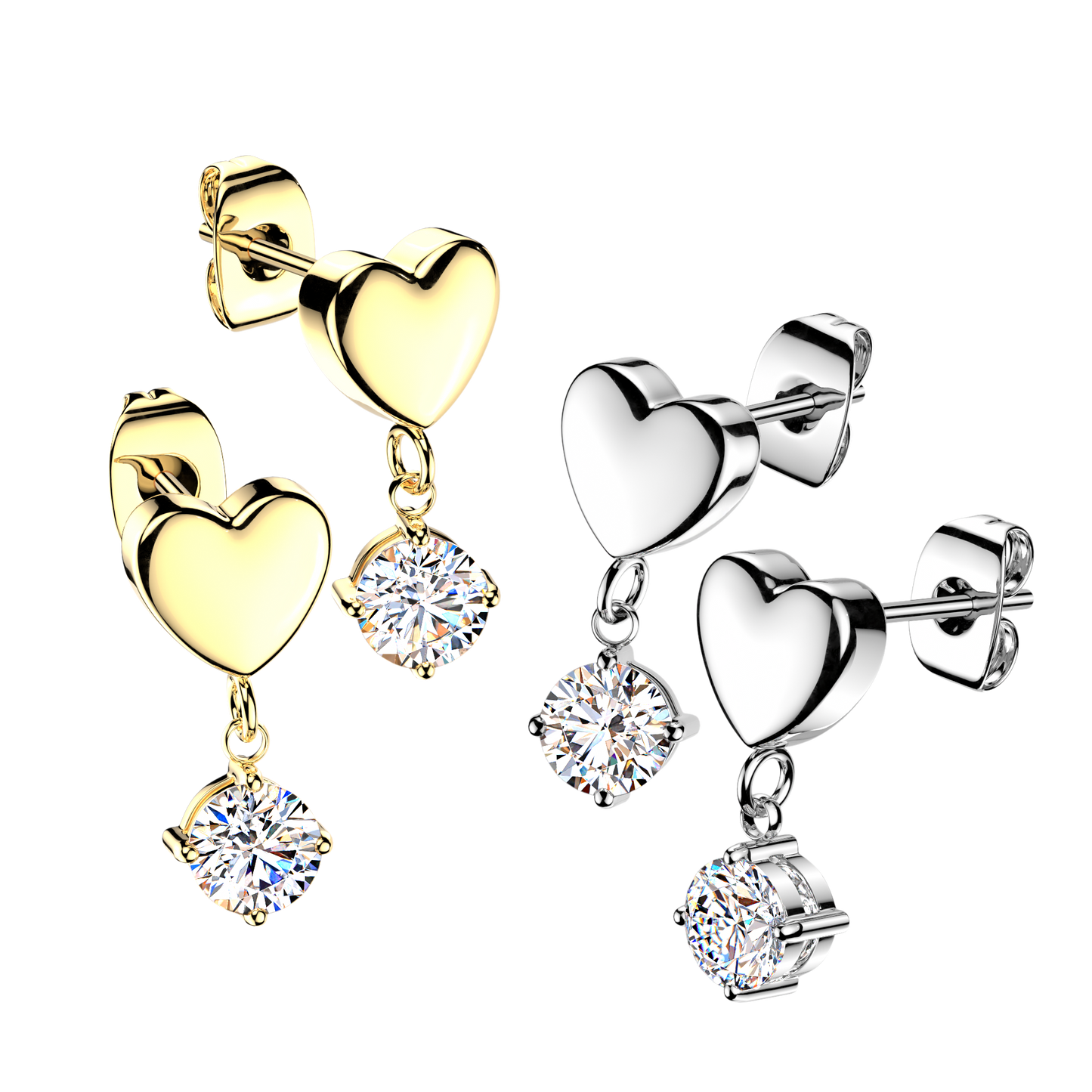 GOLD LOVE HEART CRYSTAL CHARM STUD EARRINGS