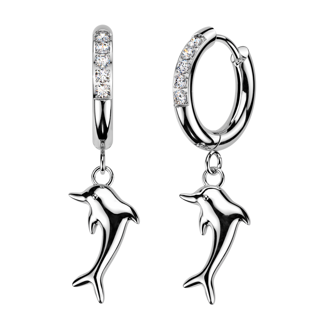 SILVER DOLPHIN CHARM CRYSTAL LINED HUGGIE HOOPS - 8MM