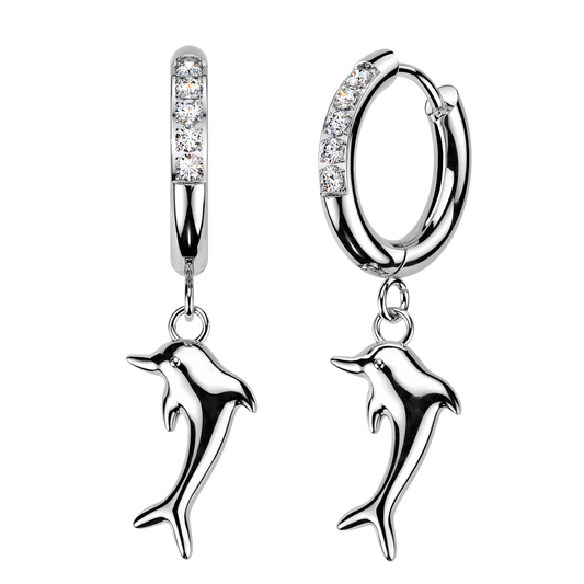 SILVER DOLPHIN CHARM CRYSTAL LINED HUGGIE HOOPS - 8MM