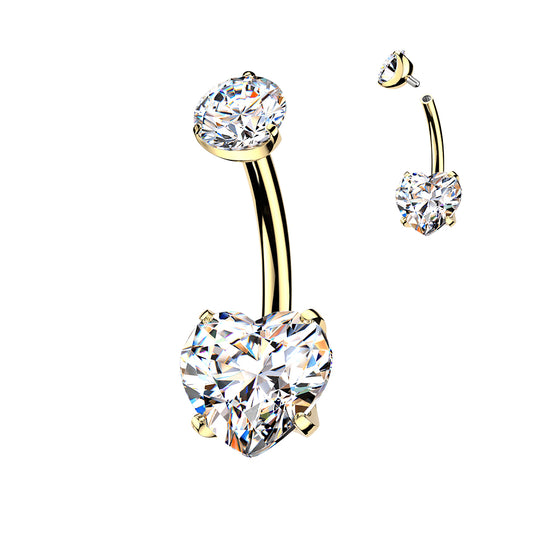 TITANIUM GOLD CRYSTAL LOVE HEART BELLY BAR -12MM