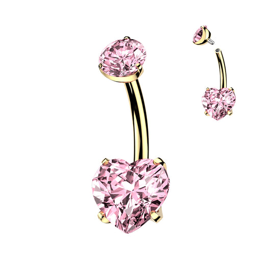 TITANIUM GOLD & PINK LOVE HEART BELLY BAR - 14 GAUGE - 10MM