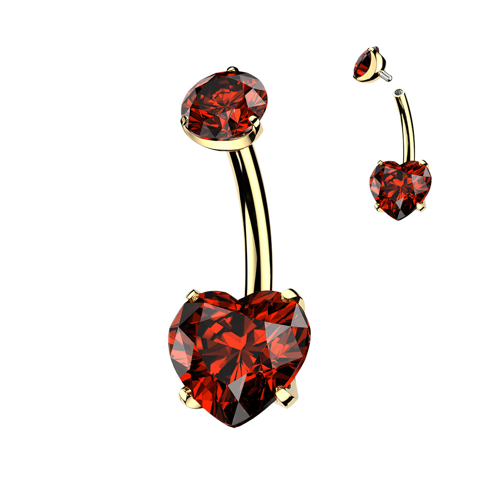 TITANIUM GOLD & RED CRYSTAL LOVE HEART BELLY BAR -10MM