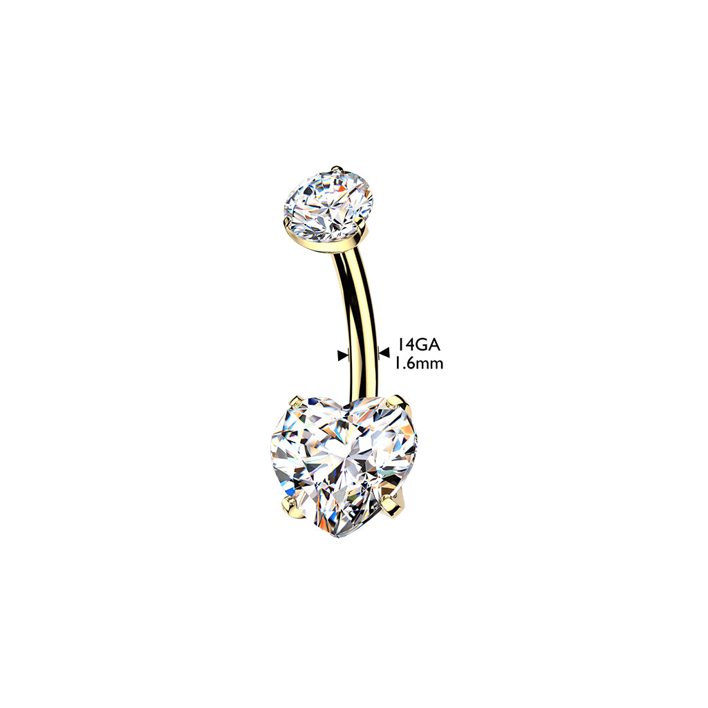 TITANIUM GOLD CRYSTAL LOVE HEART BELLY BAR -12MM