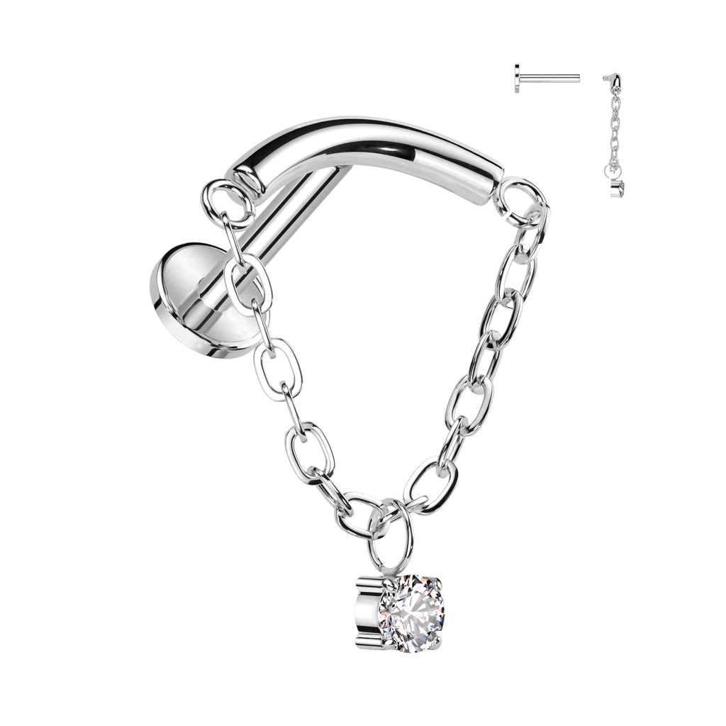 TITANIUM CURVED LABRET WITH DAINTY CRYSTAL CHARM & CHAIN - 16 GAUGE - 6MM
