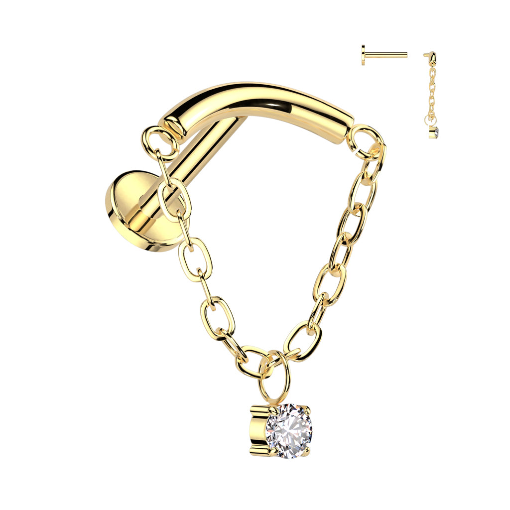 TITANIUM CURVED LABRET WITH DAINTY CRYSTAL CHARM & CHAIN - 16 GAUGE - 6MM