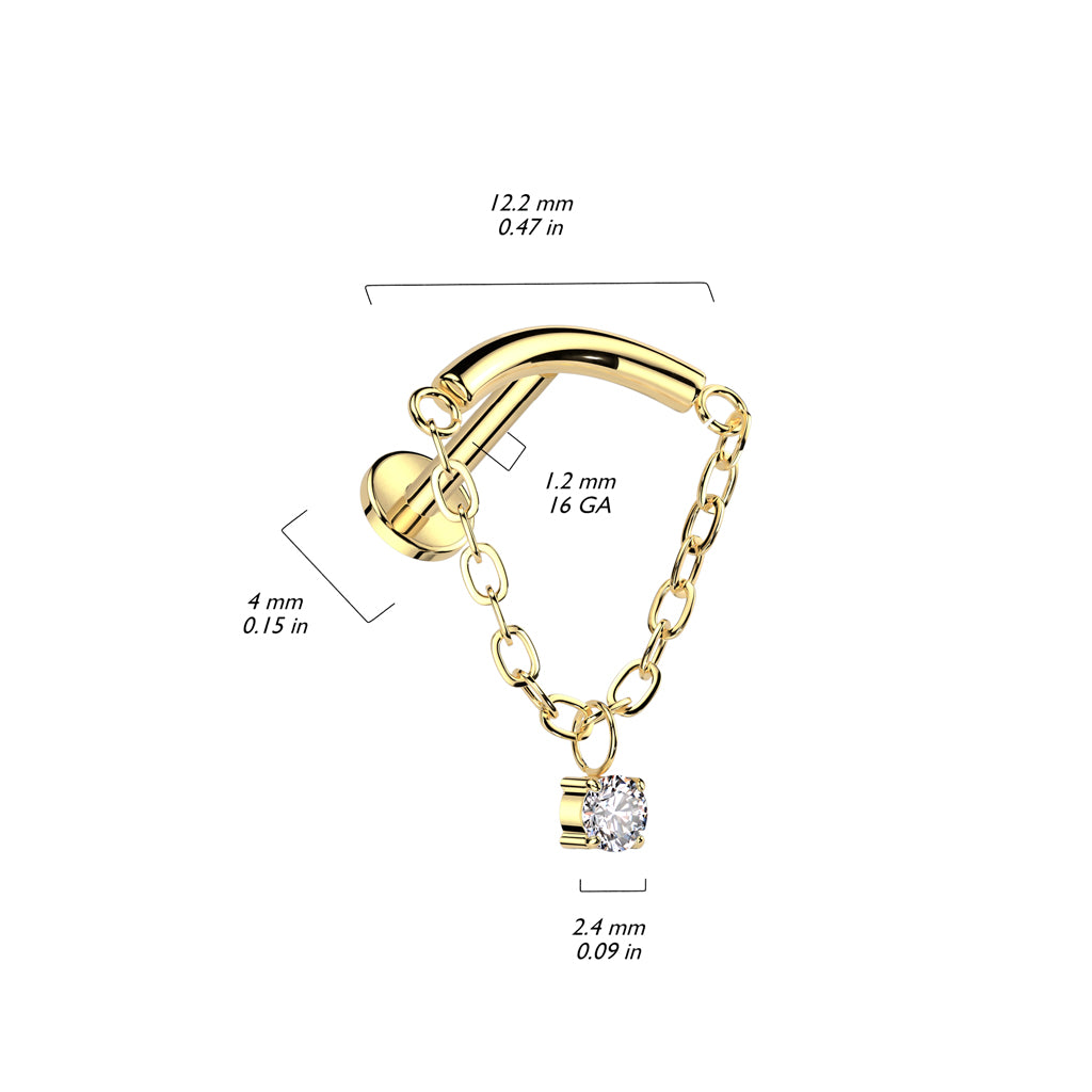 TITANIUM CURVED LABRET WITH DAINTY CRYSTAL CHARM & CHAIN - 16 GAUGE - 6MM