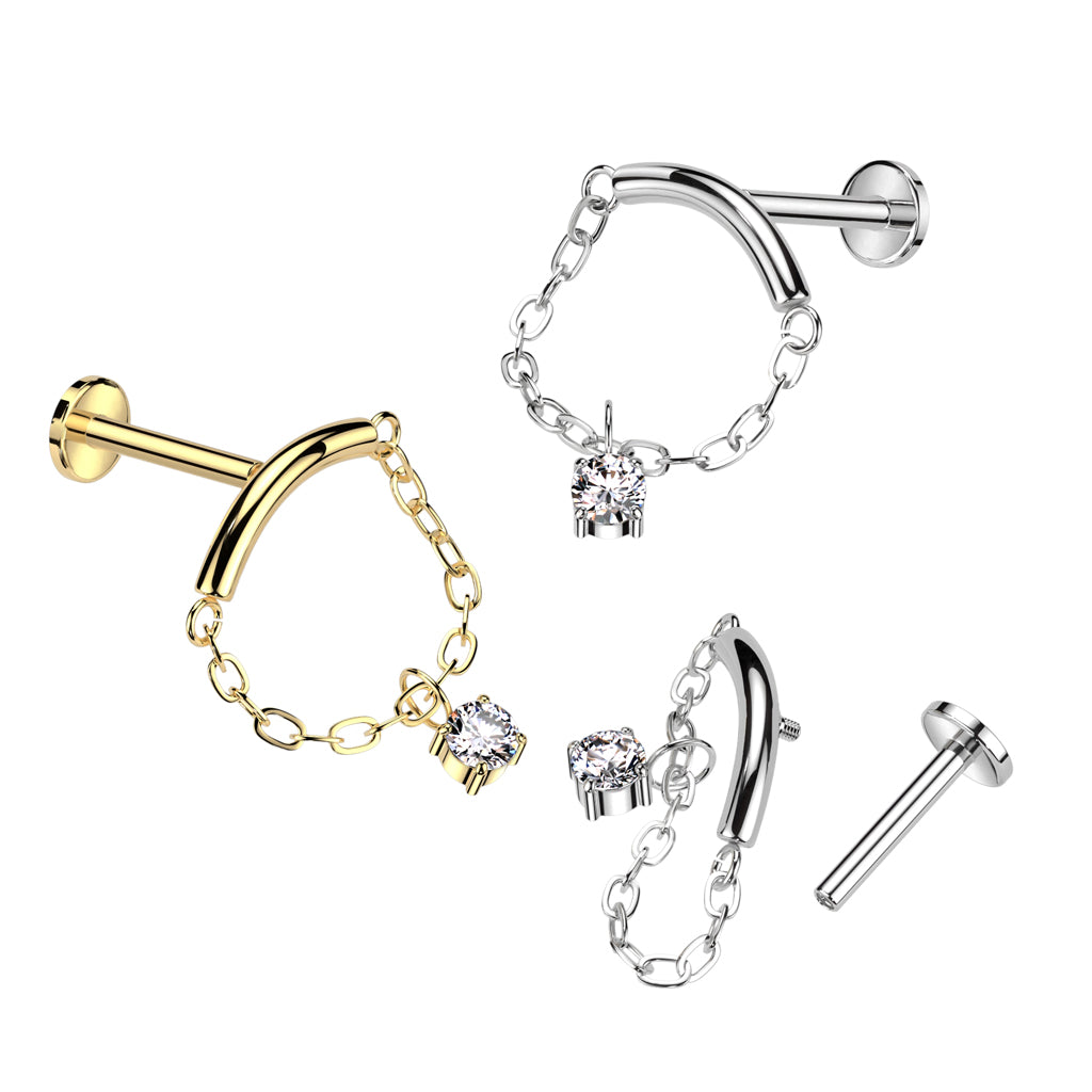 TITANIUM CURVED LABRET WITH DAINTY CRYSTAL CHARM & CHAIN - 16 GAUGE - 6MM