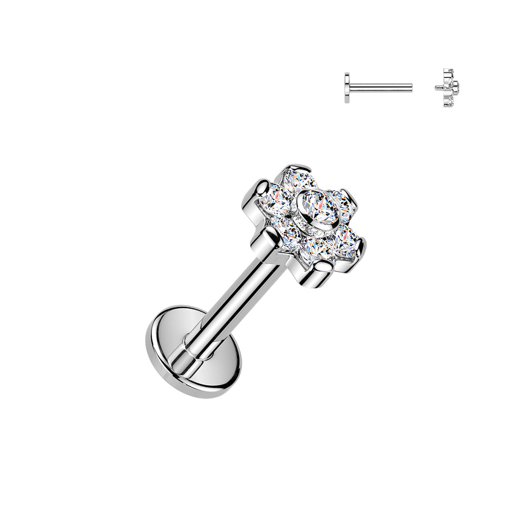 TITANIUM DAINTY CRYSTAL FLOWER FLAT BACK LABRET STUD