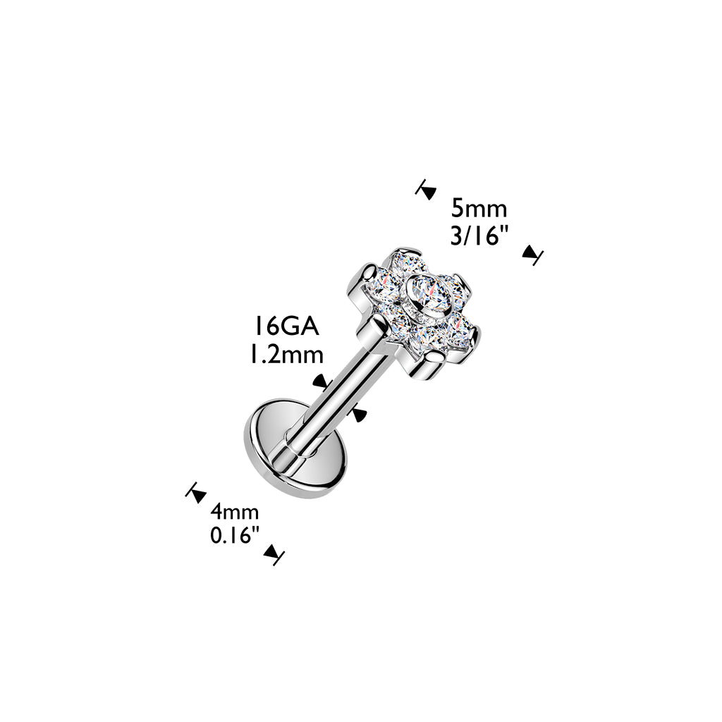 TITANIUM DAINTY CRYSTAL FLOWER FLAT BACK LABRET STUD