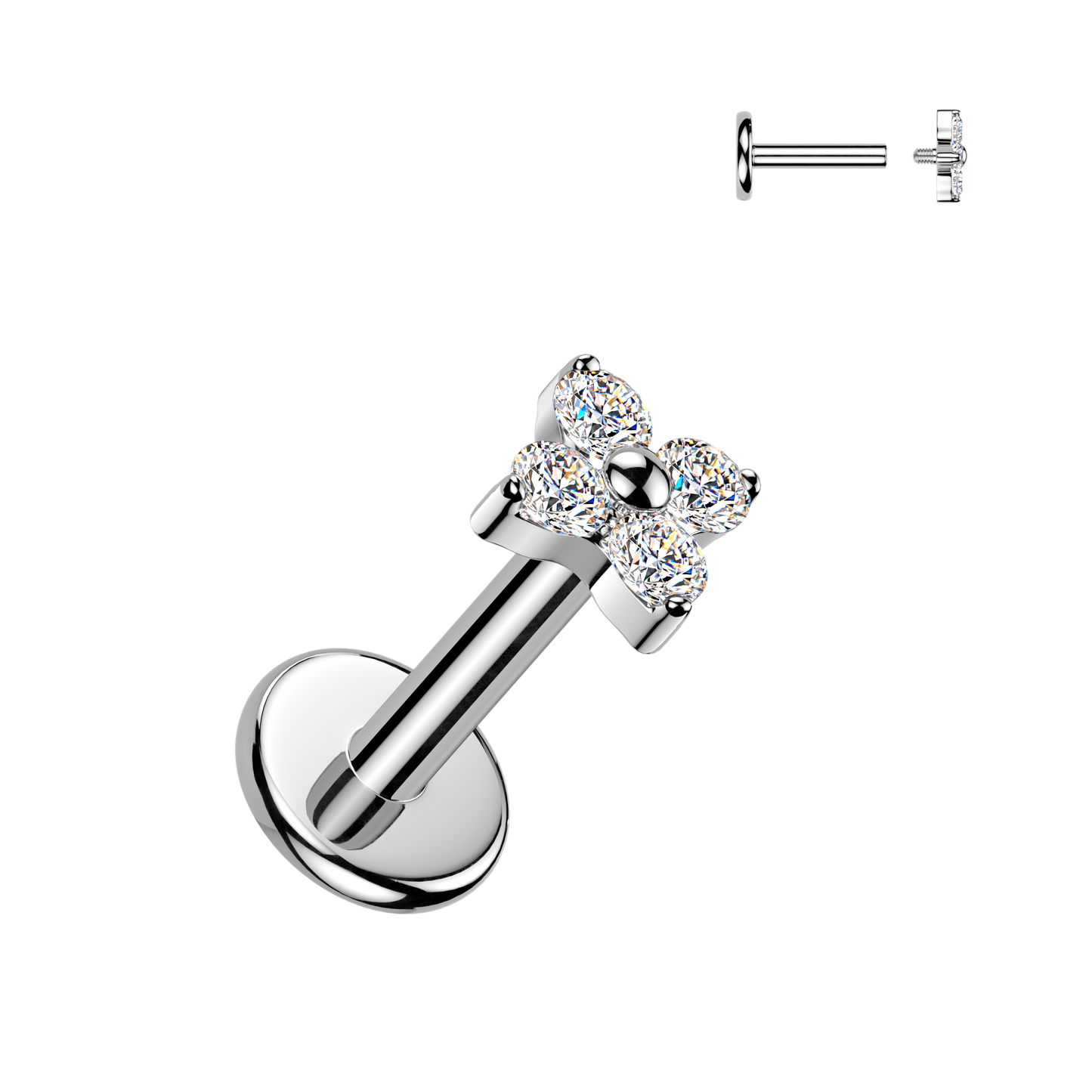 TITANIUM DAINTY CRYSTAL CLOVER FLAT BACK LABRET - 16 GAUGE - 6MM
