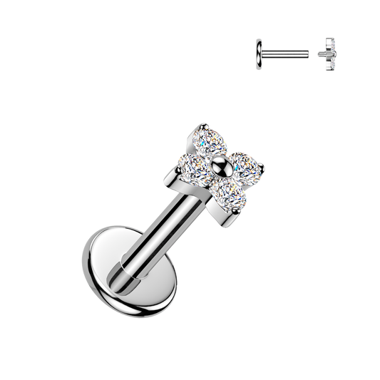 TITANIUM DAINTY CRYSTAL CLOVER FLAT BACK LABRET - 16 GAUGE - 6MM