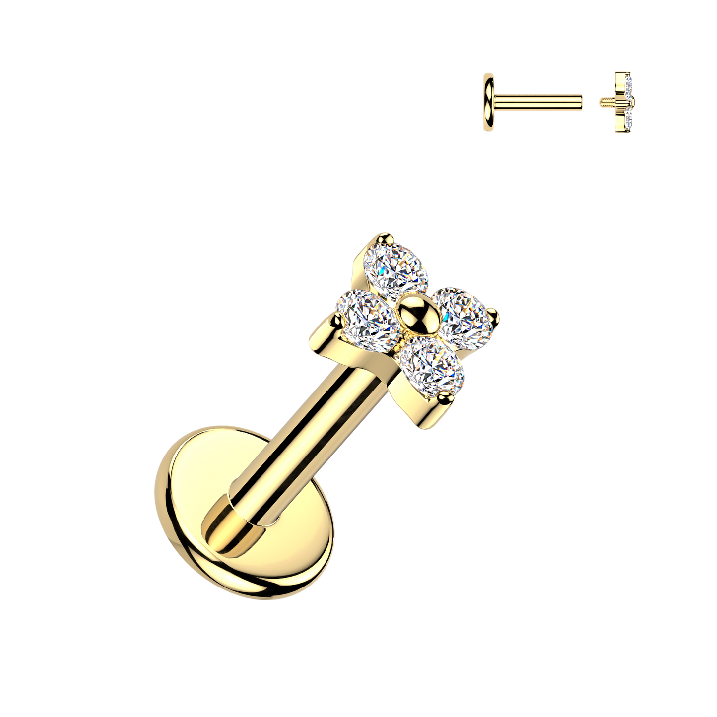 TITANIUM DAINTY CRYSTAL CLOVER FLAT BACK LABRET - 16 GAUGE - 6MM