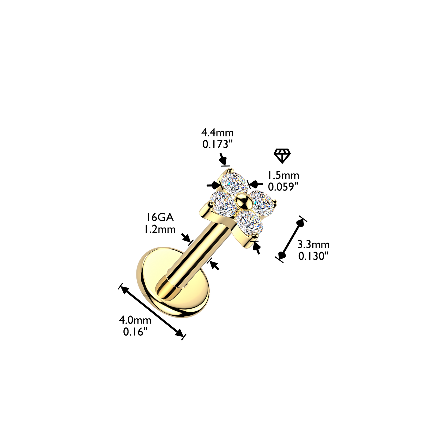 TITANIUM DAINTY CRYSTAL CLOVER FLAT BACK LABRET - 16 GAUGE - 6MM