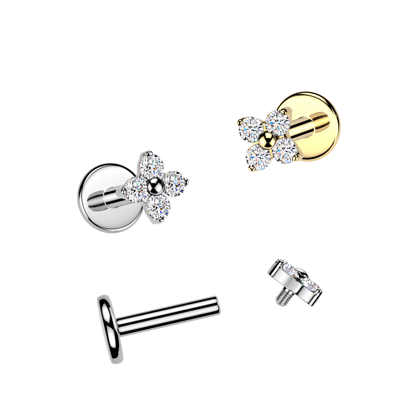 TITANIUM DAINTY CRYSTAL CLOVER FLAT BACK LABRET - 16 GAUGE - 6MM