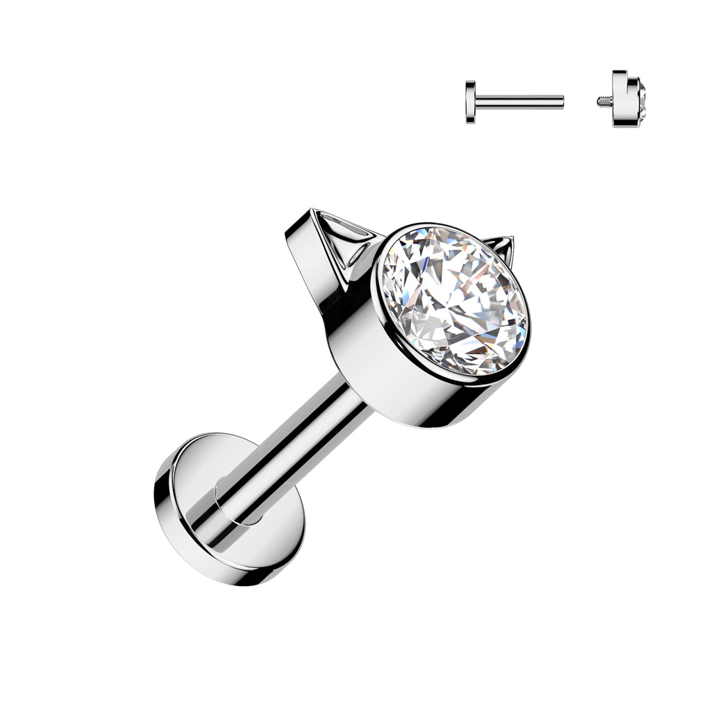 TITANIUM SILVER CRYSTAL KITTY CAT FLAT BACK LABRET - 6MM