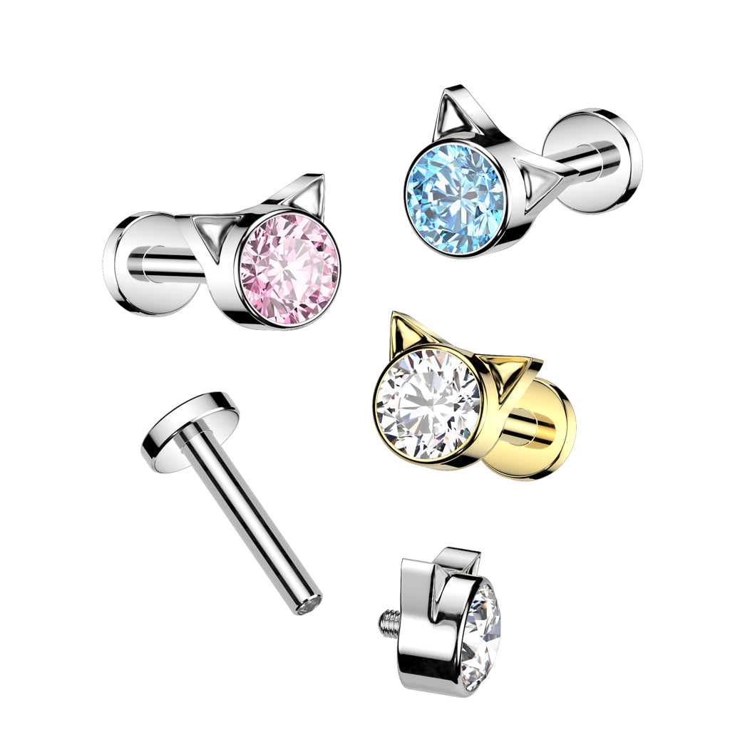 TITANIUM PINK CRYSTAL KITTY CAT FLAT BACK LABRET - 6MM