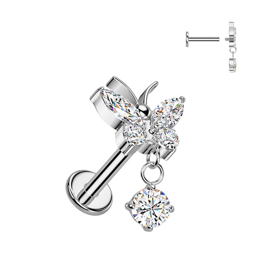 TITANIUM CRYSTAL BUTTERFLY DANGLY CHARM FLAT BACK LABRET - 8MM - 16 GAUGE