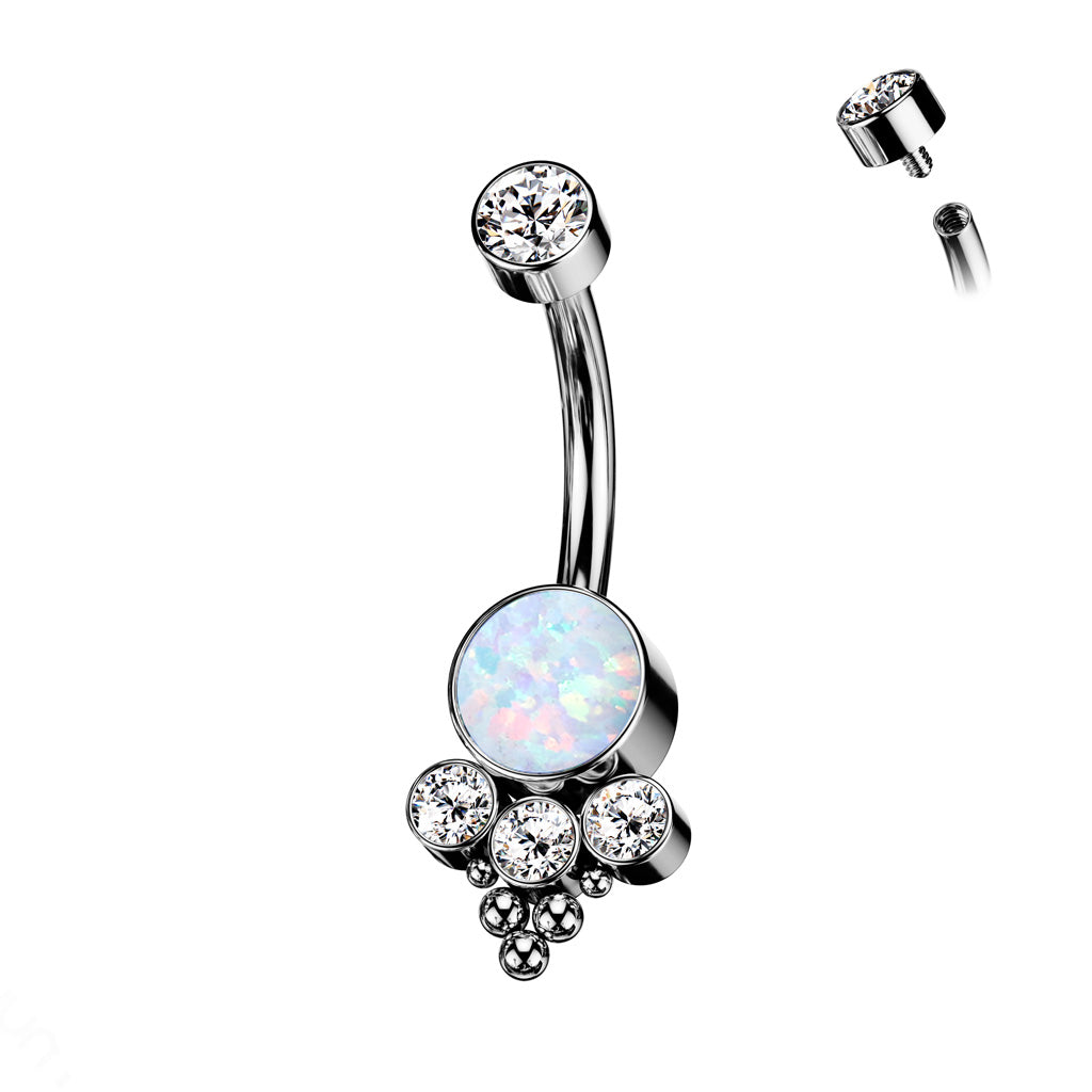 TITANIUM  WHITE OPAL CLUSTER BELLY BAR - 10MM - 14 GAUGE
