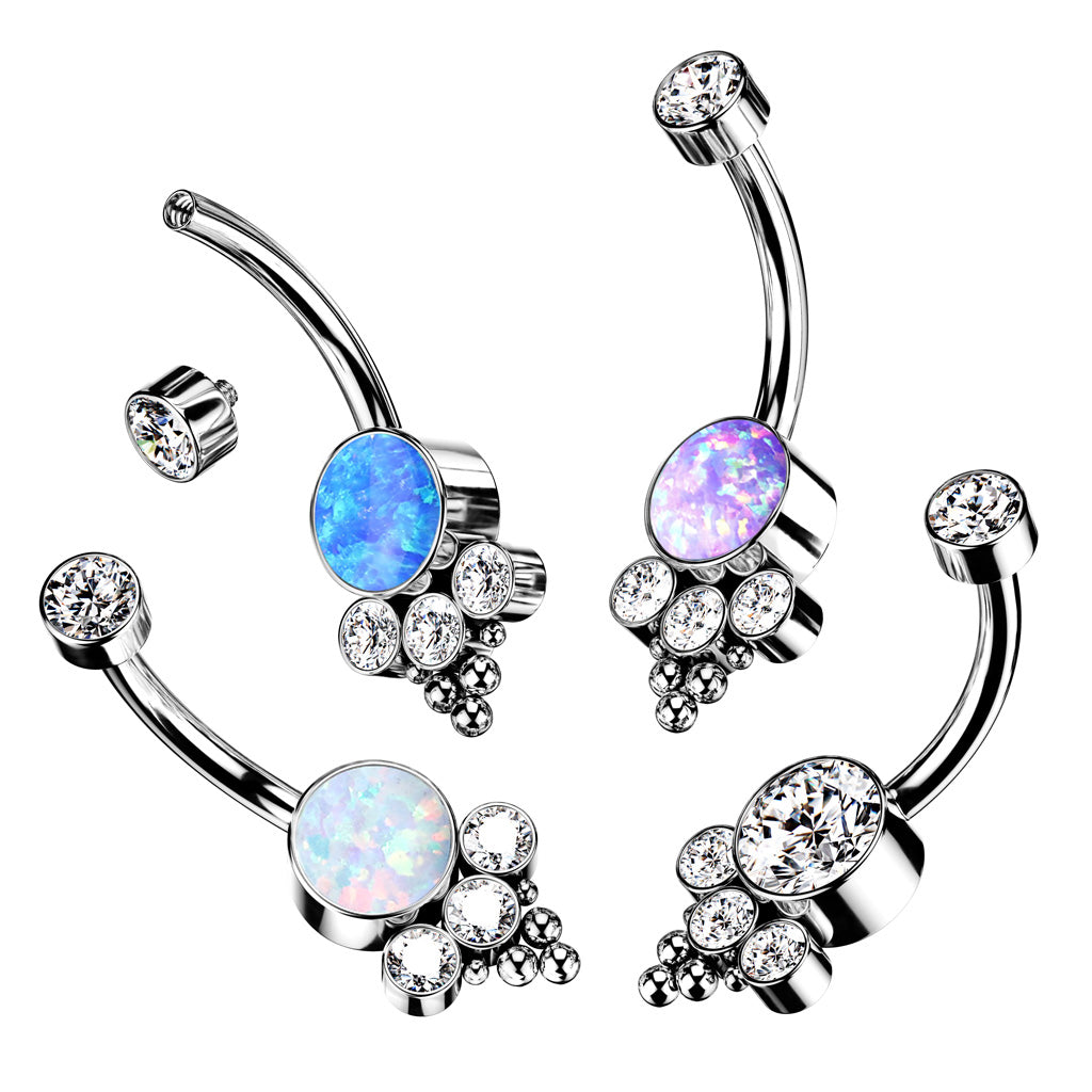 TITANIUM  WHITE OPAL CLUSTER BELLY BAR - 10MM - 14 GAUGE