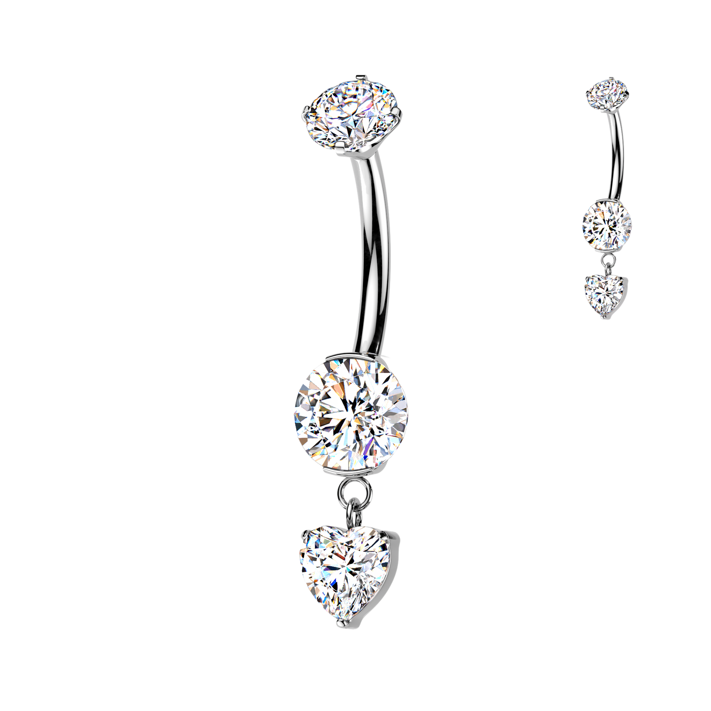 TITANIUM SILVER CRYSTAL DANGLY HEART BELLY BAR - 14 GAUGE - 10MM