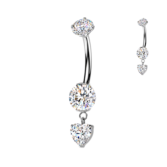 TITANIUM SILVER CRYSTAL DANGLY HEART BELLY BAR - 14 GAUGE - 10MM