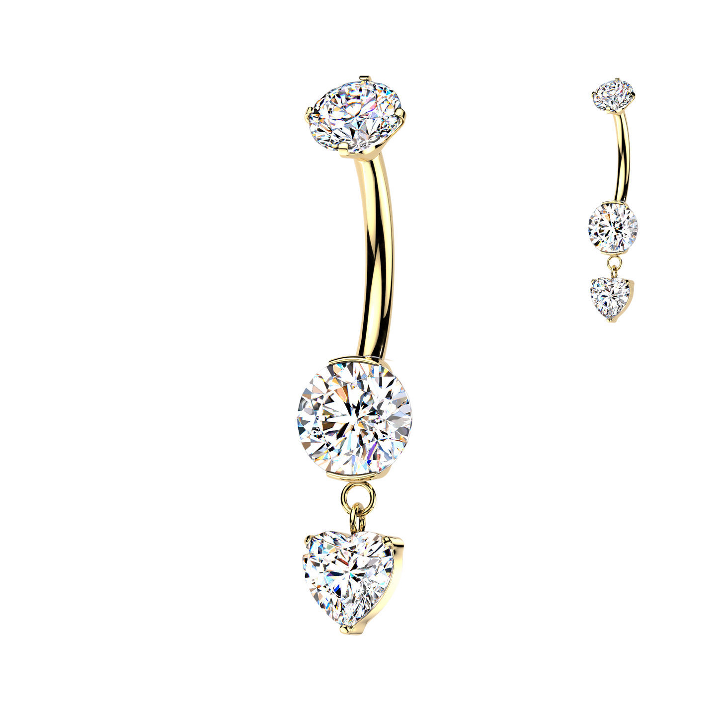 TITANIUM GOLD CRYSTAL DANGLY HEART BELLY BAR - 14 GAUGE - 10MM