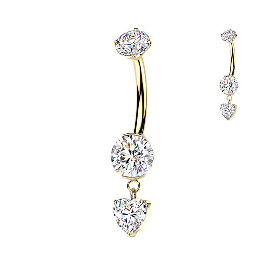 TITANIUM GOLD CRYSTAL DANGLY HEART BELLY BAR - 14 GAUGE - 10MM