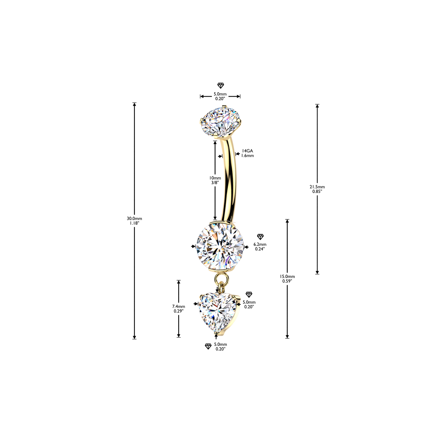 TITANIUM GOLD CRYSTAL DANGLY HEART BELLY BAR - 14 GAUGE - 10MM