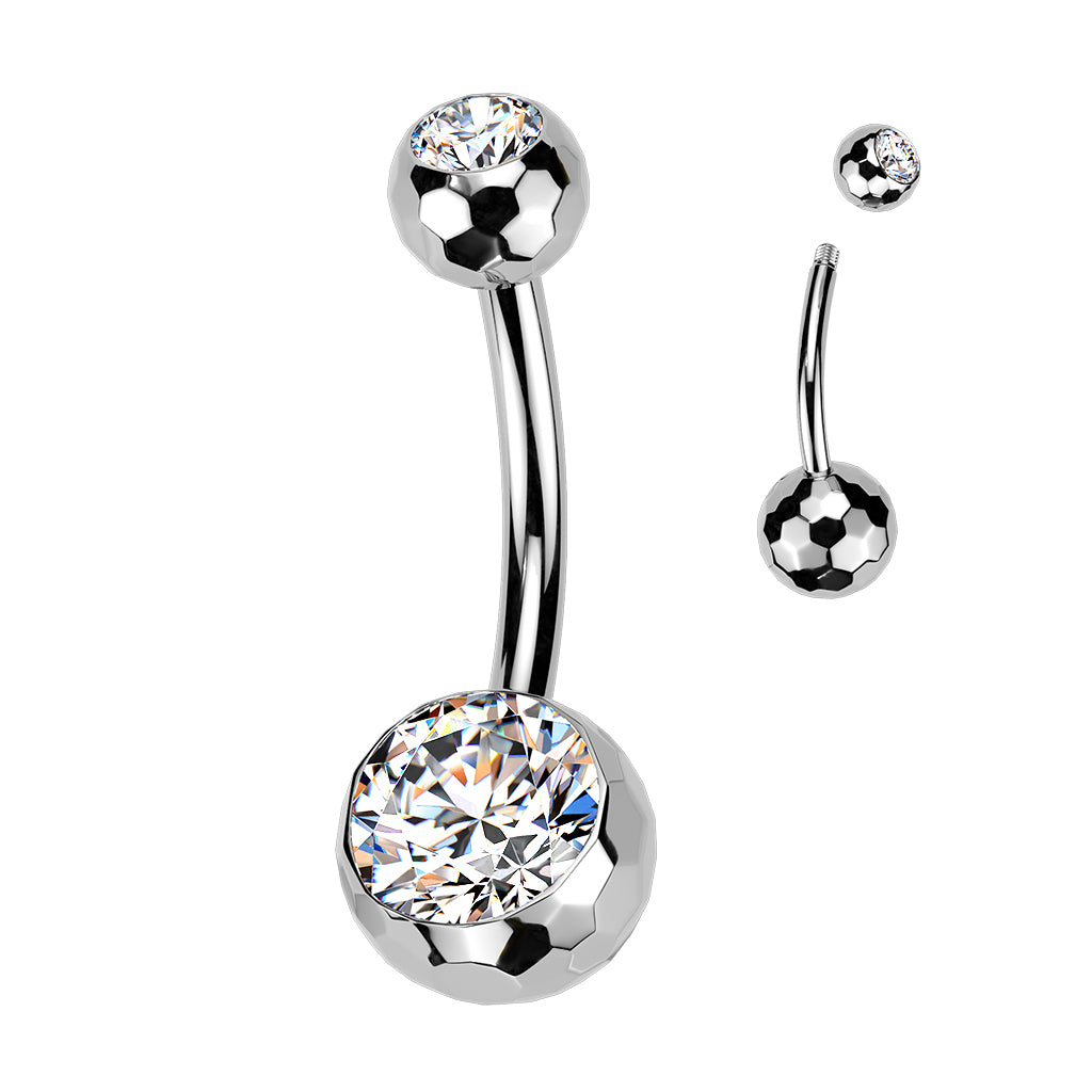 TITANIUM SILVER HONEYCOMB DISCO BALL CRYSTAL BELLY BAR - 14 GAUGE - 10MM