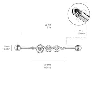 TRIPLE FLOWER DANGLE CHARM INDUSTRIAL BARBELL / 38MM