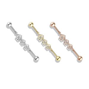 TRIPLE FLOWER DANGLE CHARM INDUSTRIAL BARBELL / 38MM