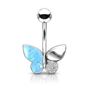 OPAL GLITTER BUTTERFLY BELLY BAR - 10MM