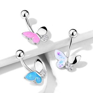 OPAL GLITTER BUTTERFLY BELLY BAR - 10MM